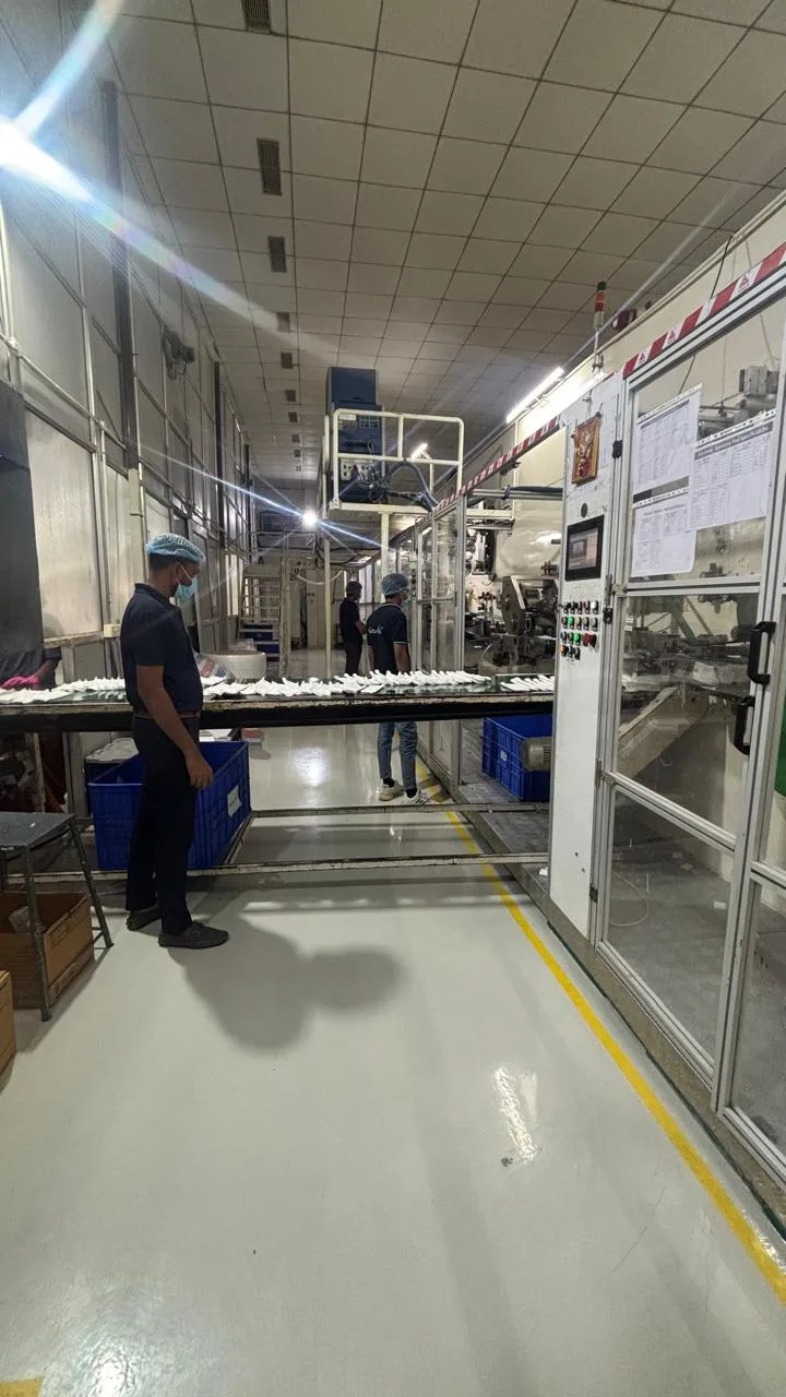 Quality inspection of adult diapers on the production line at a facility in India