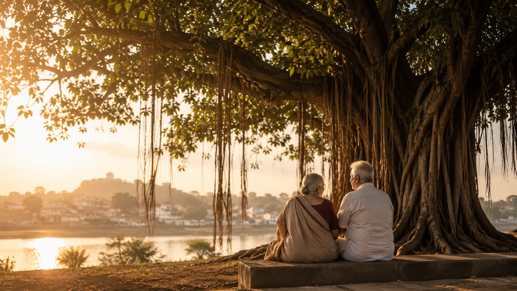 An older couple sitting together under a banyan tree at golden hour, beside a lake