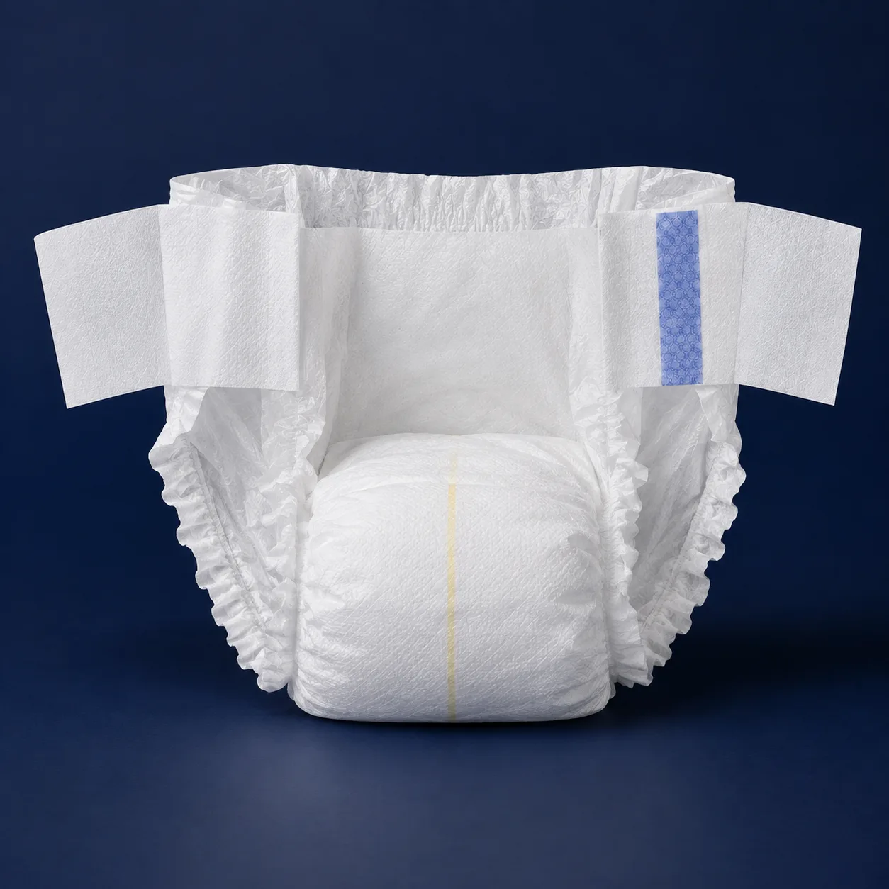 Adult diaper tape shown open with re-fastenable side tabs and wetness indicator, against a navy background