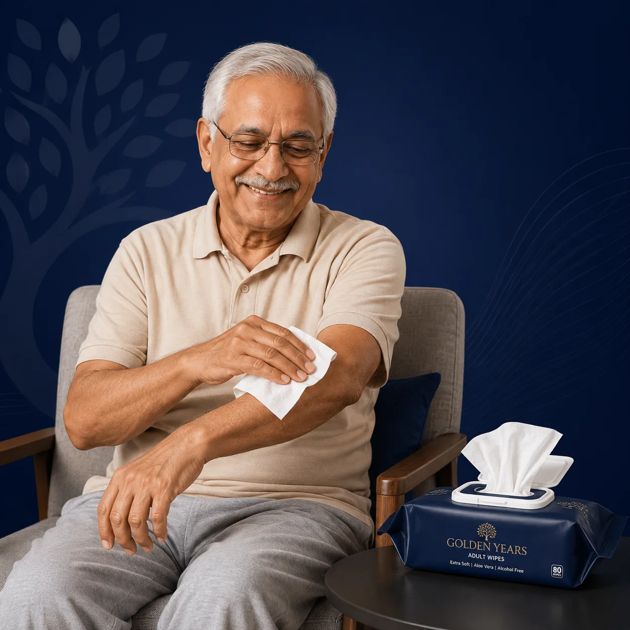 An older man using a Golden Years adult wet wipe, with the branded 80-wipe pack beside him